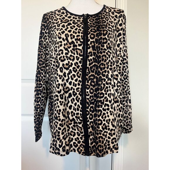 Rafaella Womens Leopard Print Zip-Up Lightweight Cotton Jacket Size 2X Animal - Picture 1 of 8